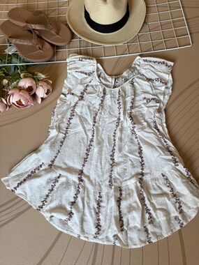 LOFT White Floral-Striped Ruffle Sleeve Tunic